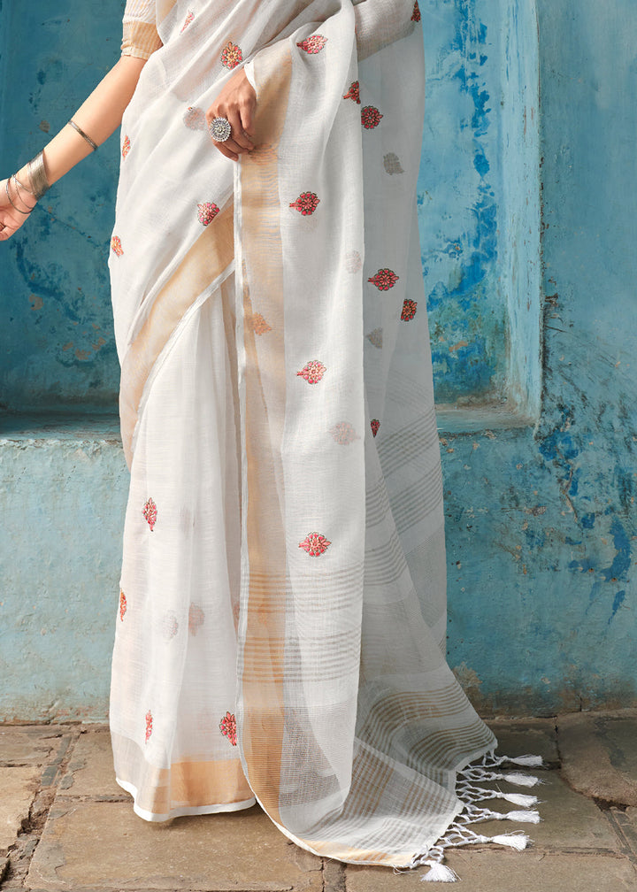 Pearl White Floral Embroidered Linen Saree
