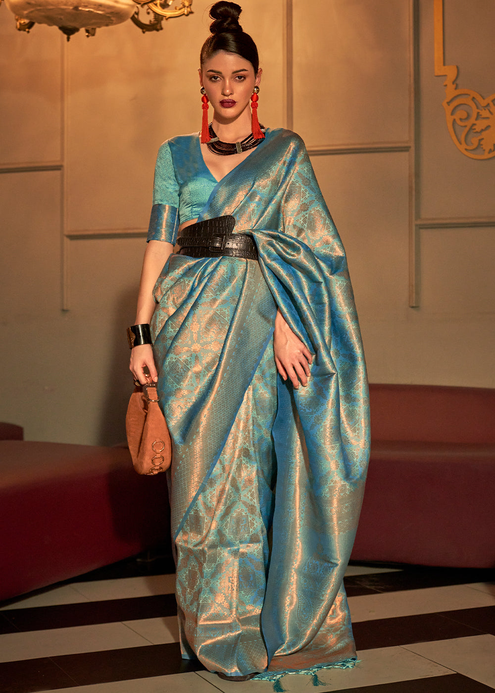Munsell Blue Two Tone Handloom Weaving Kanjivaram Silk Saree : Top Pick