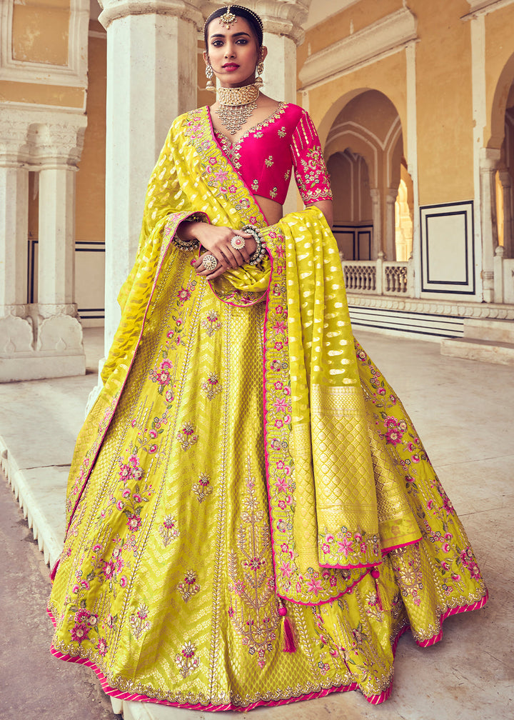Cadmium Yellow Banarasi Silk Lehenga Choli with Khatli and Heavy Embroidered work