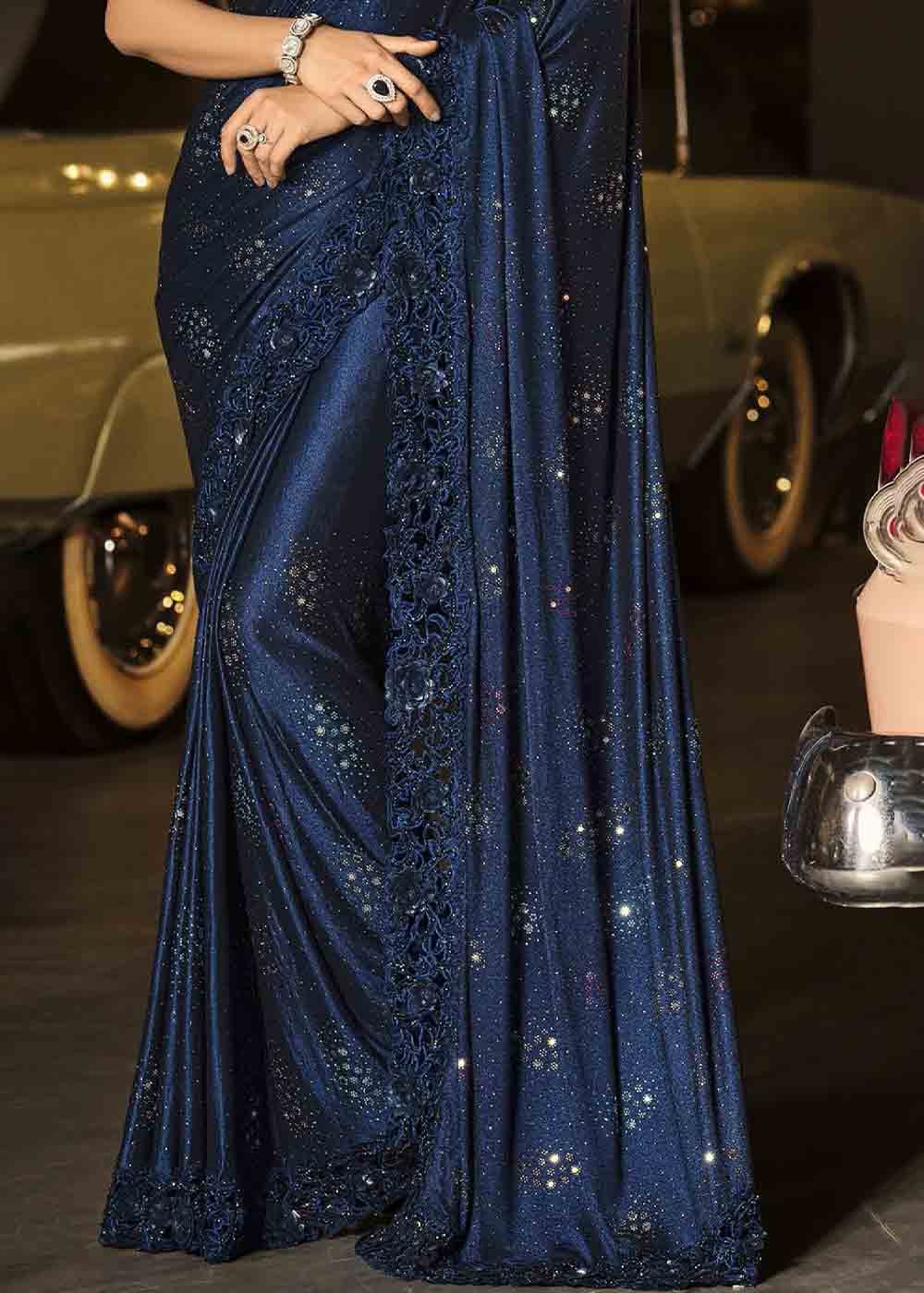 Oxford Blue Designer Imported Fabric Saree with Diamond, Mirror & Crystal work
