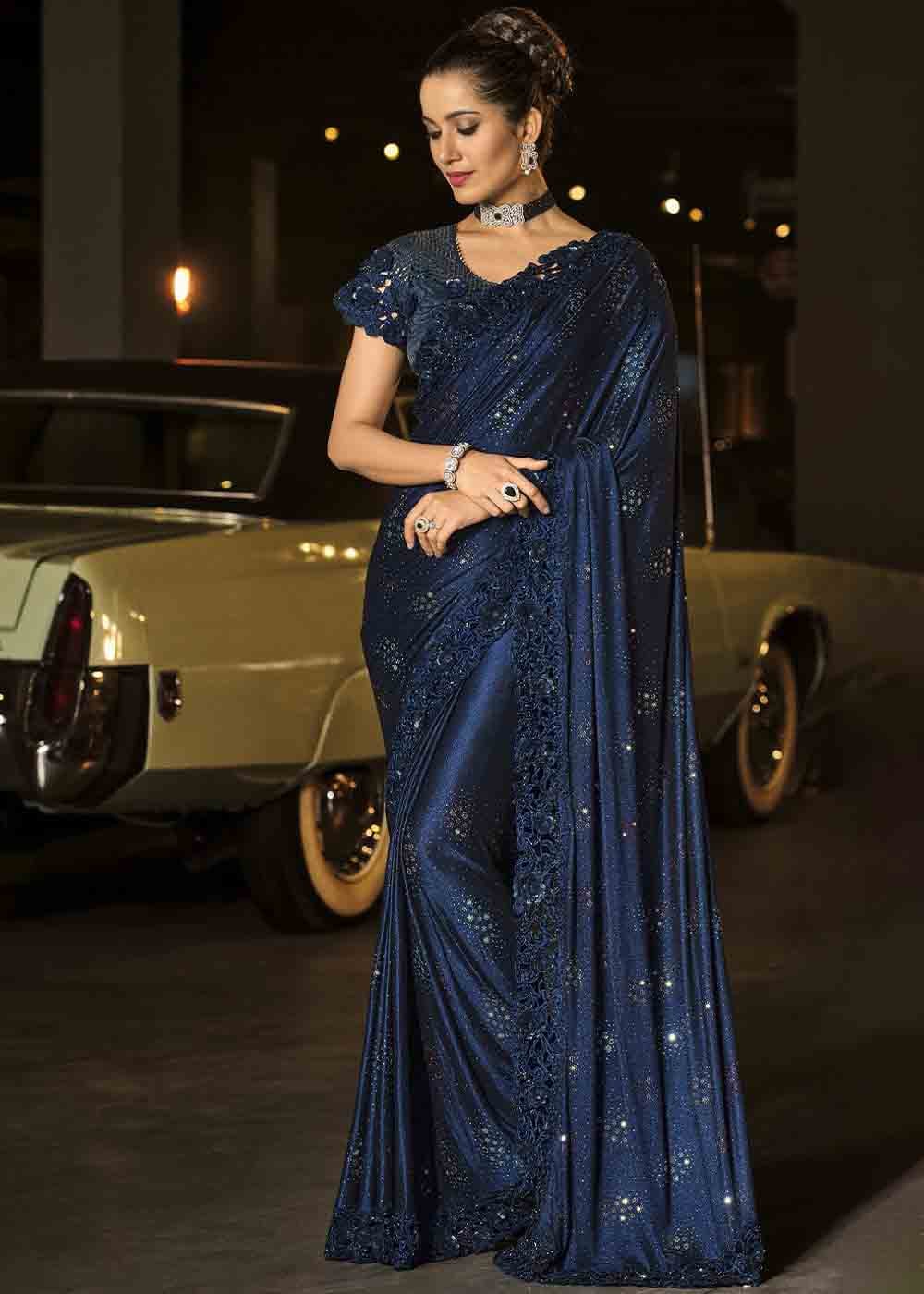 Oxford Blue Designer Imported Fabric Saree with Diamond, Mirror & Crystal work