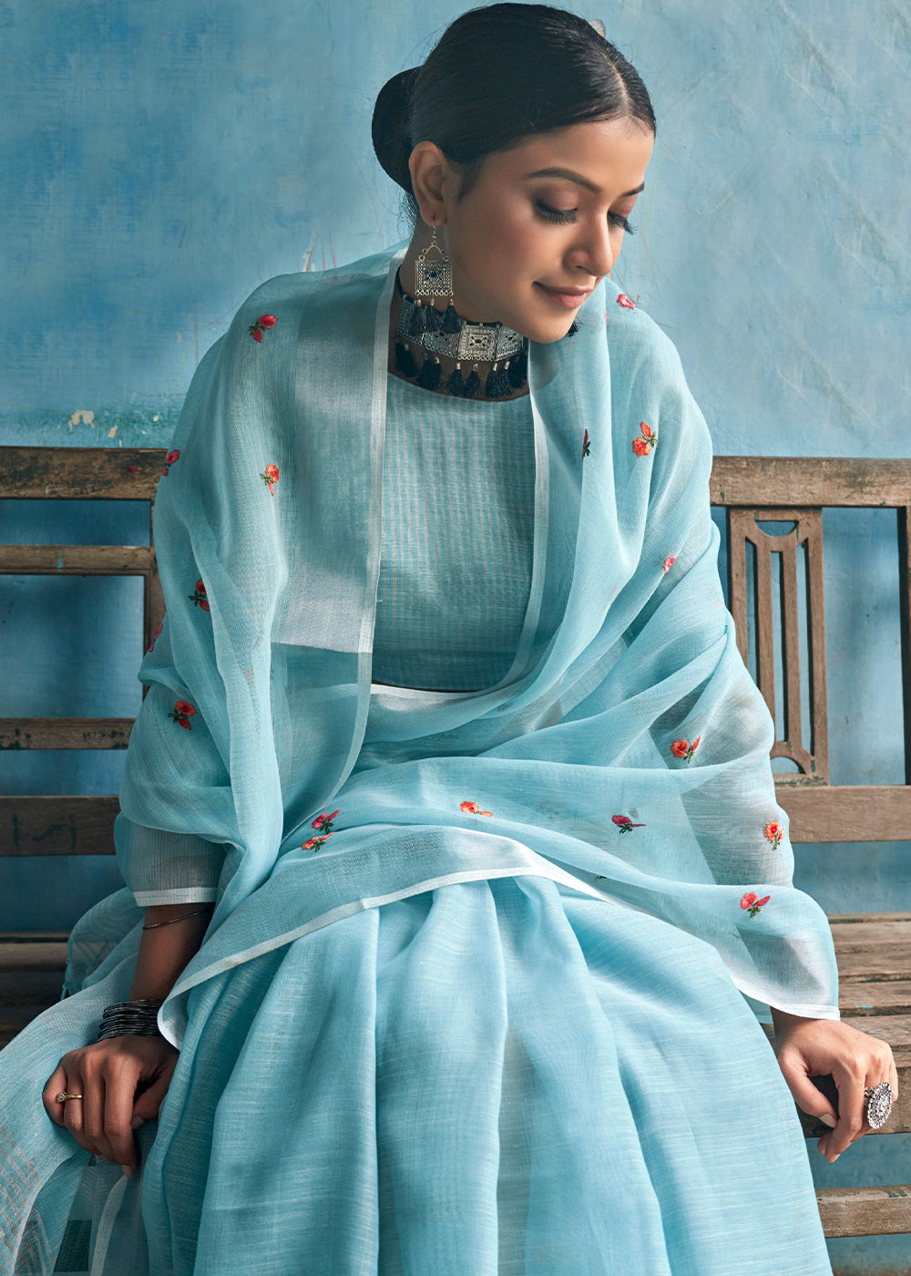 Baby Blue Floral Embroidered Linen Saree