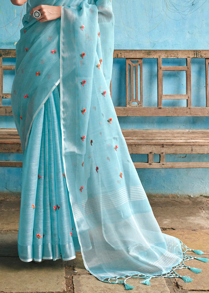 Baby Blue Floral Embroidered Linen Saree