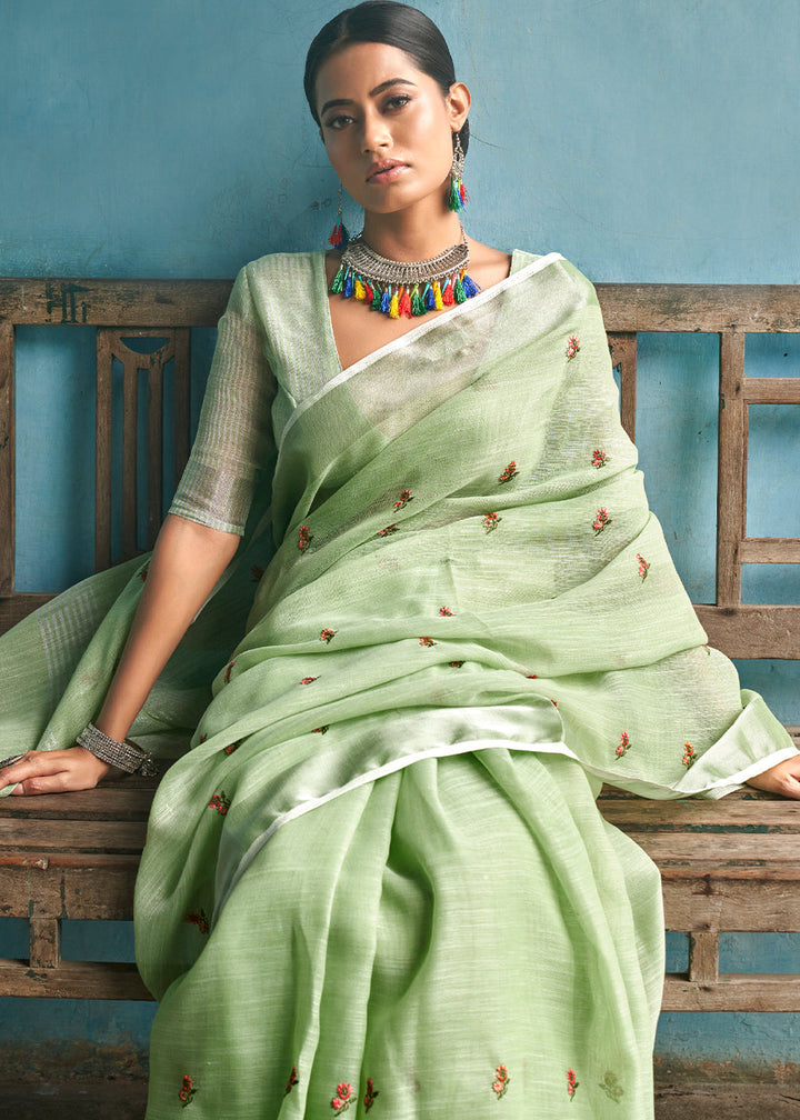 Sage Green Floral Embroidered Linen Saree
