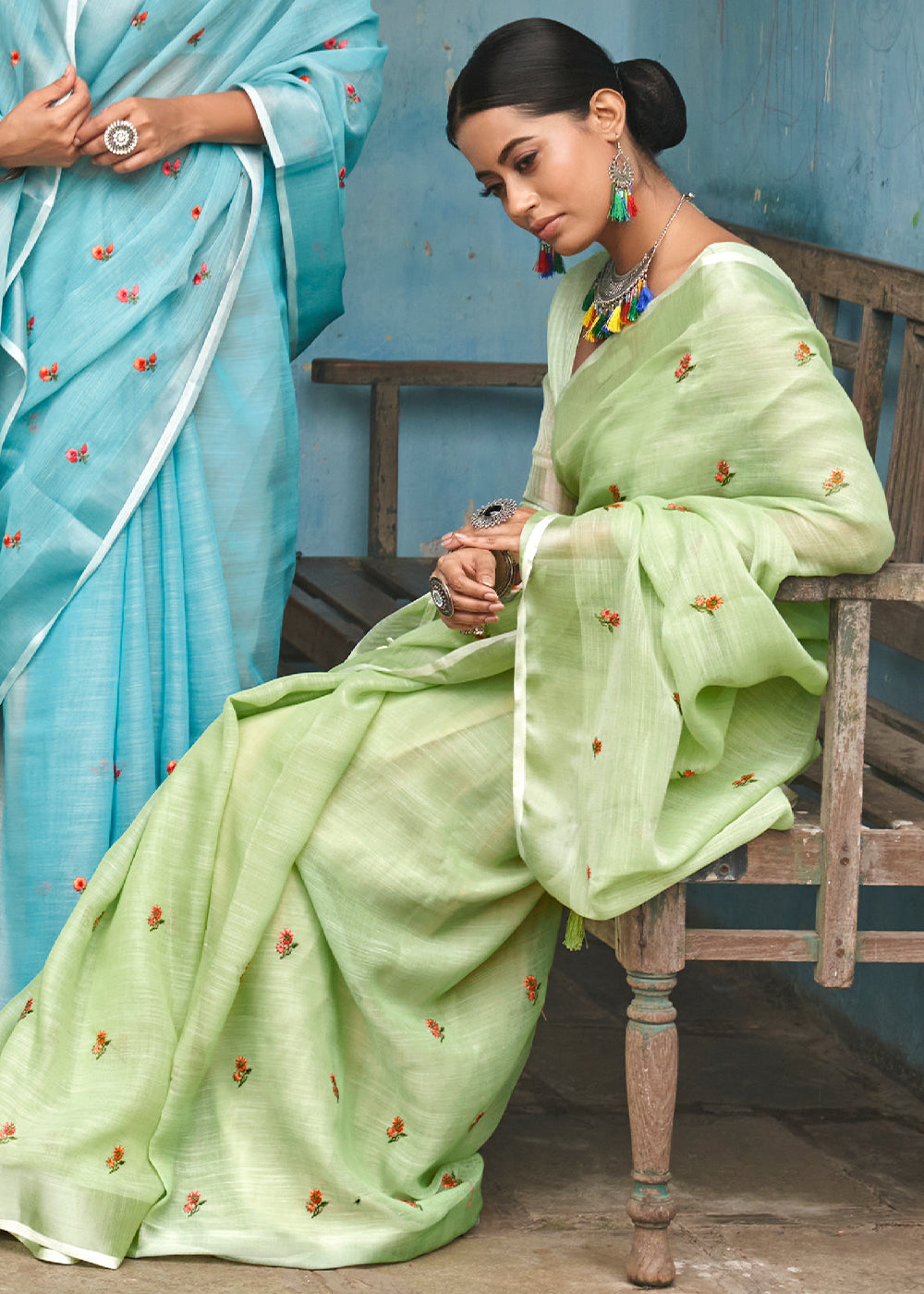 Sage Green Floral Embroidered Linen Saree