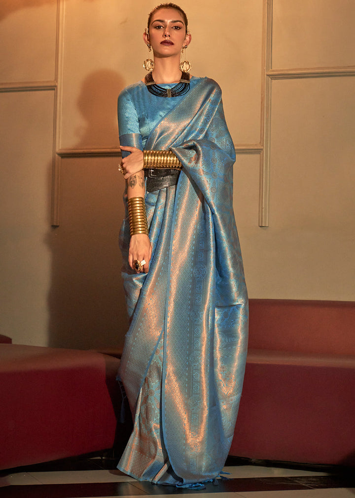 French Blue Two Tone Handloom Weaving Kanjivaram Silk Saree : Top Pick