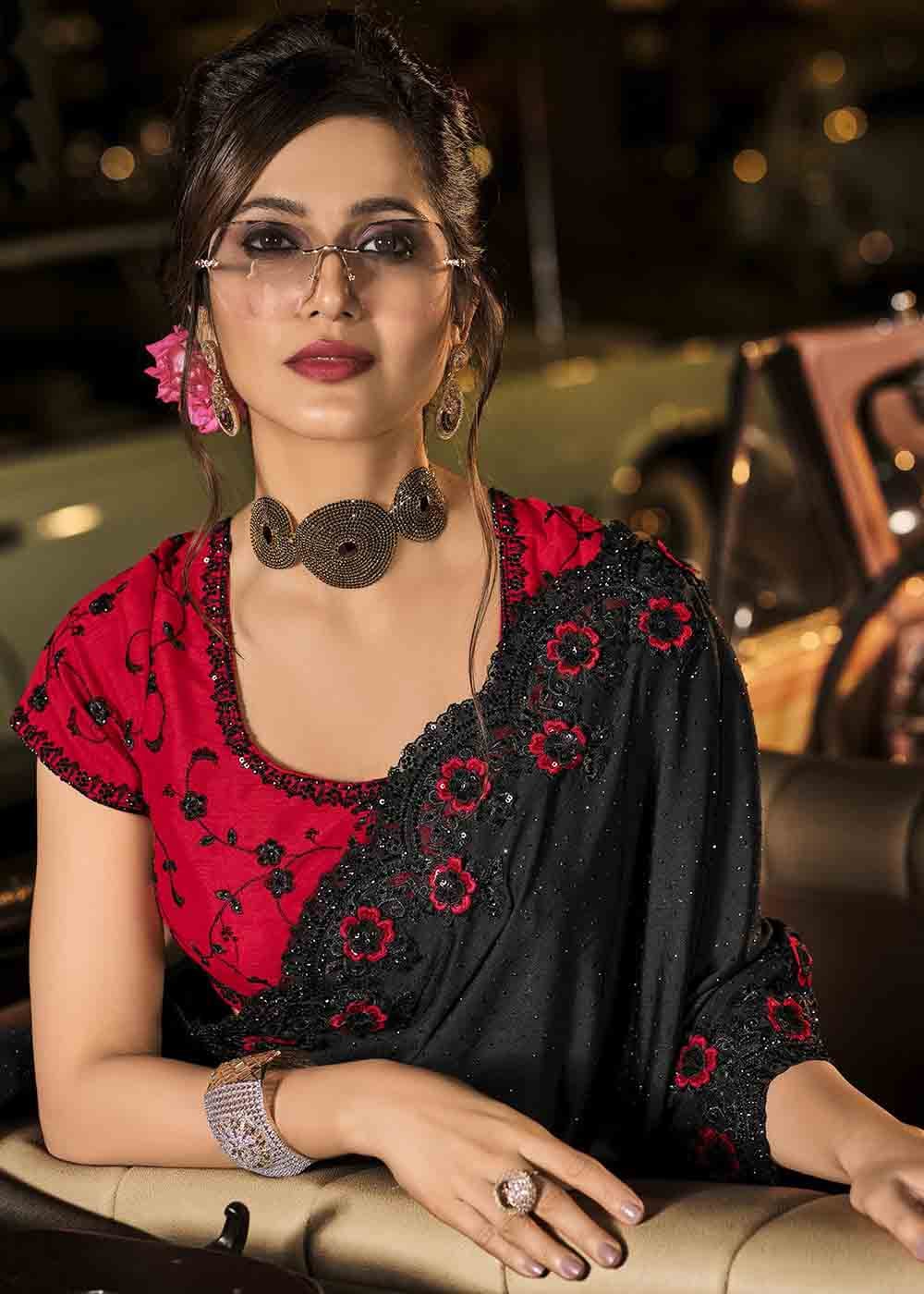 Midnight Black Designer Imported Fabric Saree with Diamond & Sequence work