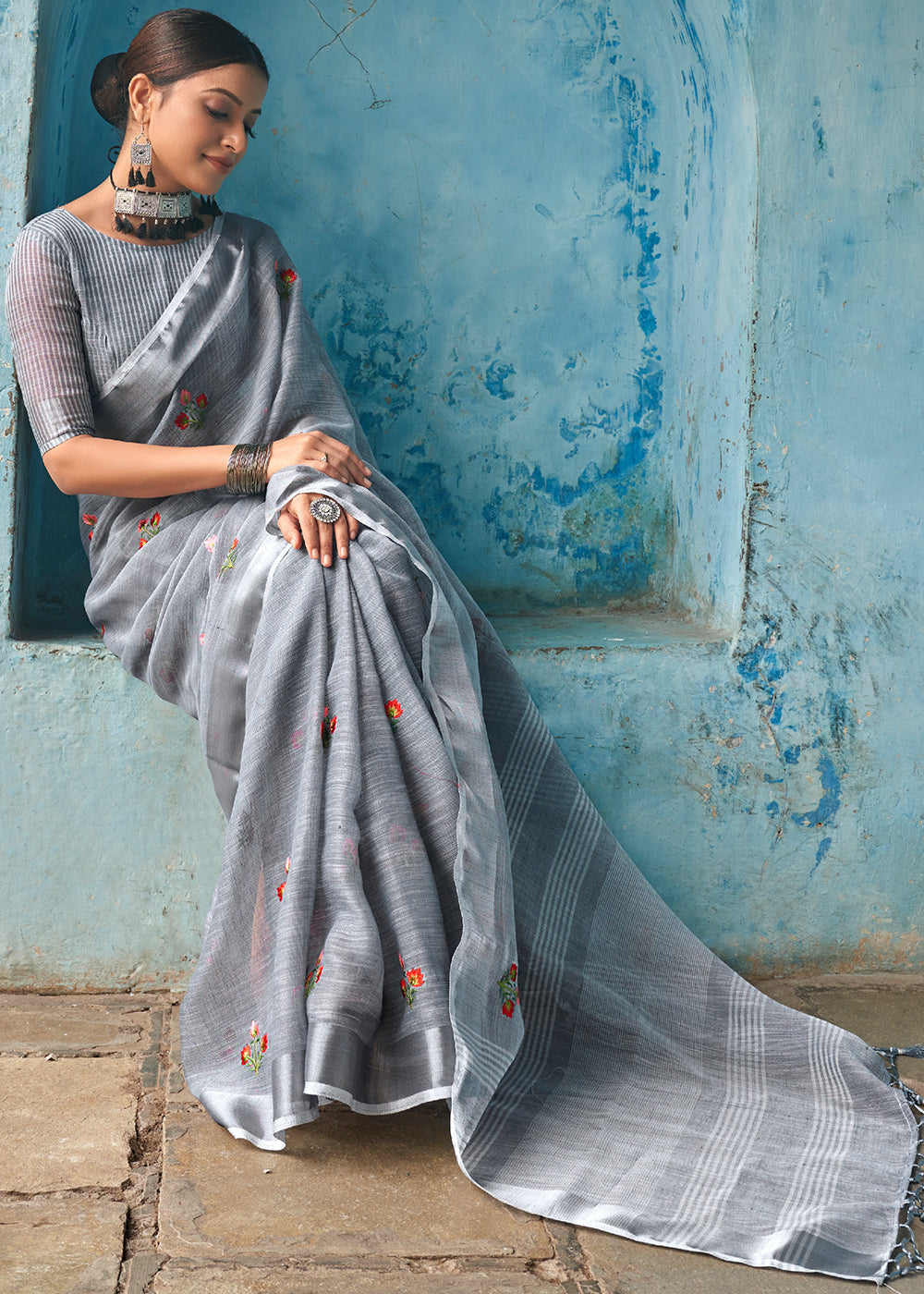 lava Grey Floral Embroidered Linen Saree