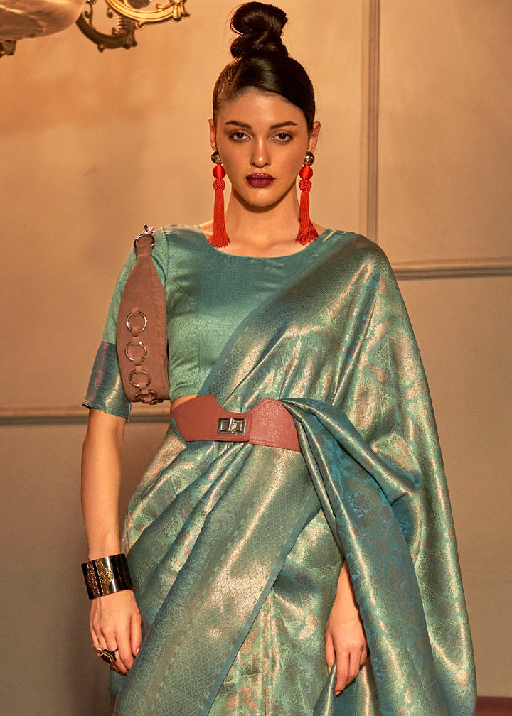 Ocean Green Two Tone Handloom Weaving Kanjivaram Silk Saree : Top Pick