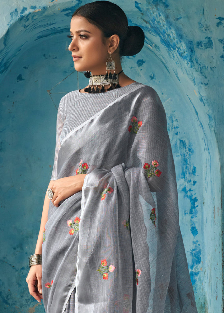 lava Grey Floral Embroidered Linen Saree