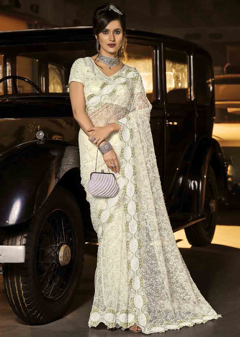 Pearl White Designer Net Saree with Jari, Thread, Diamond & Moti work
