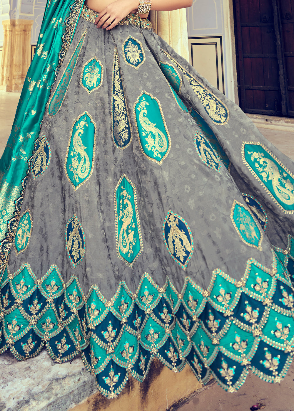 Green & Grey Banarasi Silk Lehenga Choli with Khatli and Heavy Embroidered work