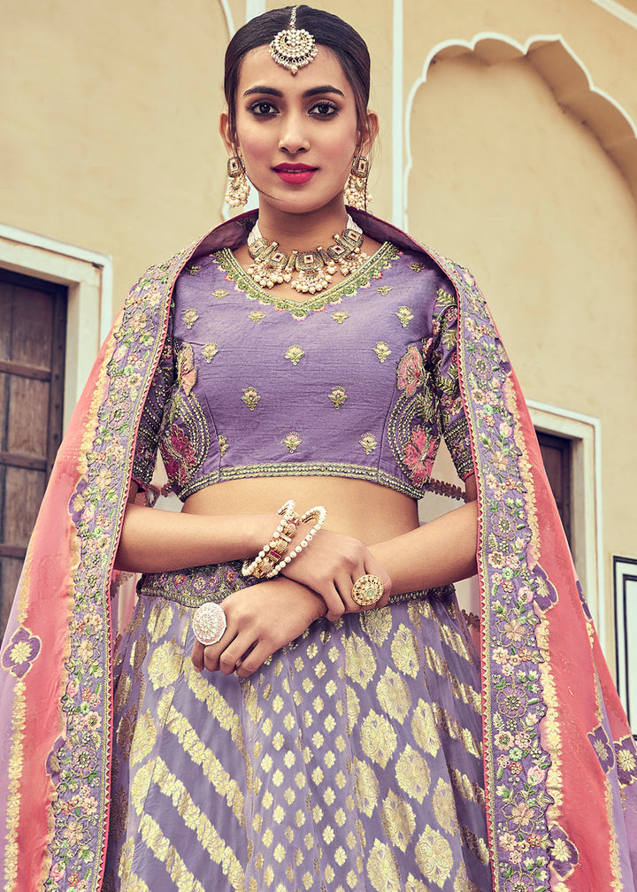 Periwinkle Purple Banarasi Silk Lehenga Choli with Khatli and Heavy Embroidered work