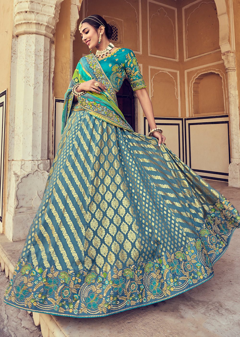 Blue & Green Banarasi Silk Lehenga Choli with Khatli and Heavy Embroidered work