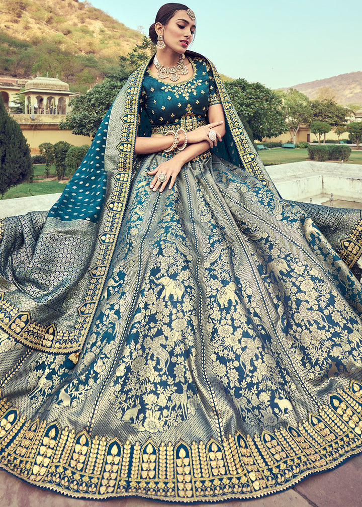 Grey & Blue Banarasi Silk Lehenga Choli with Khatli and Heavy Embroidered work