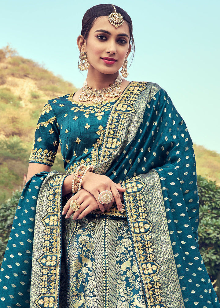 Grey & Blue Banarasi Silk Lehenga Choli with Khatli and Heavy Embroidered work