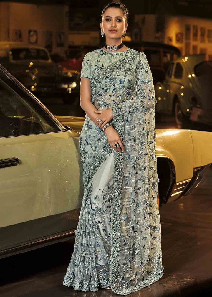 Bluish Grey Designer Net Saree with Hand Made Flower, Jari, Thread, Sequence, Moti & Cut Dana work
