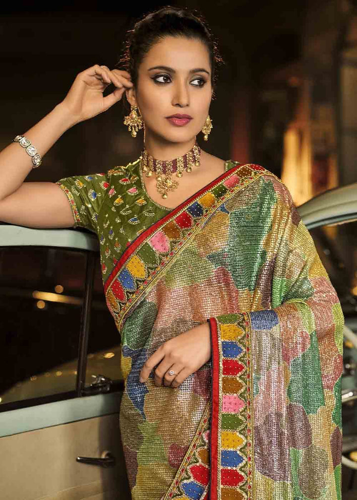Moss Green Designer Net Saree with Imported Fabric Sequence Pallu, Moti, Thread & Crystal work
