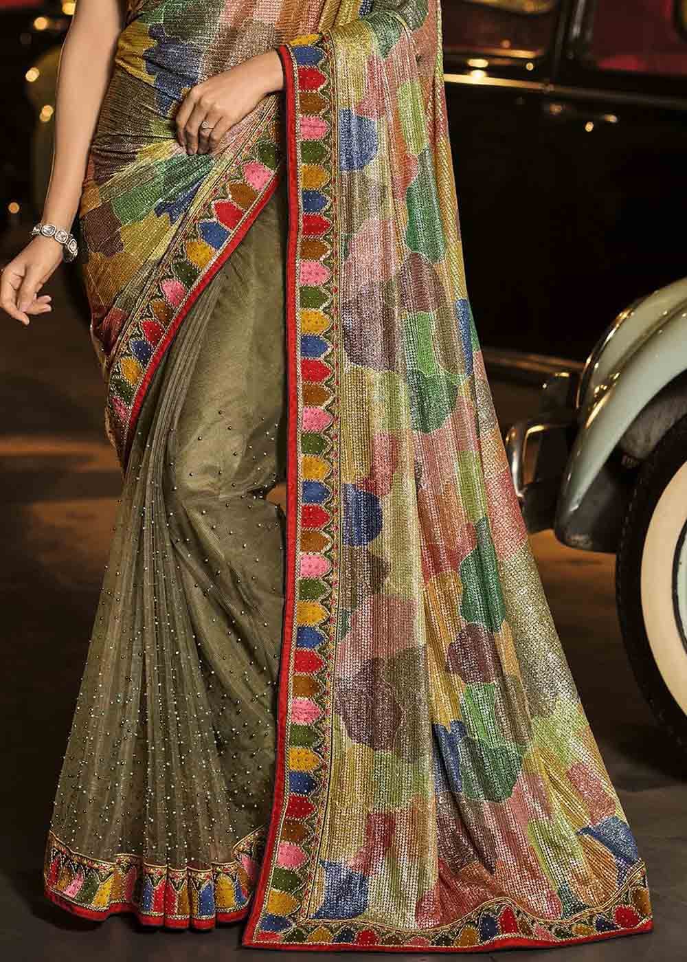 Moss Green Designer Net Saree with Imported Fabric Sequence Pallu, Moti, Thread & Crystal work