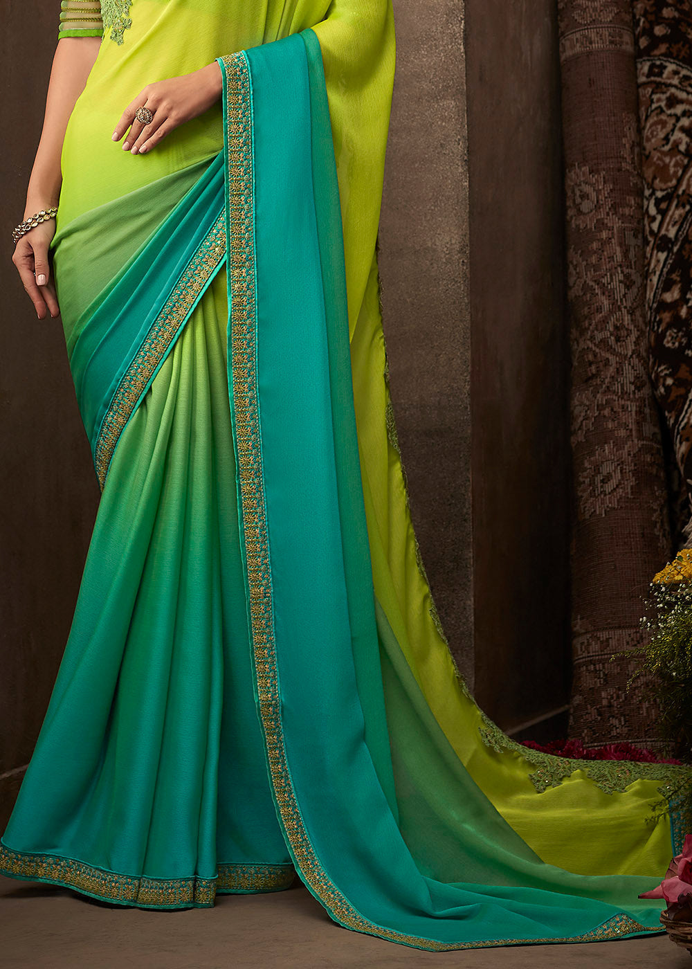 Blue & Green Designer Embroidered Chiffon Silk Saree with Sequence work: Top Pick