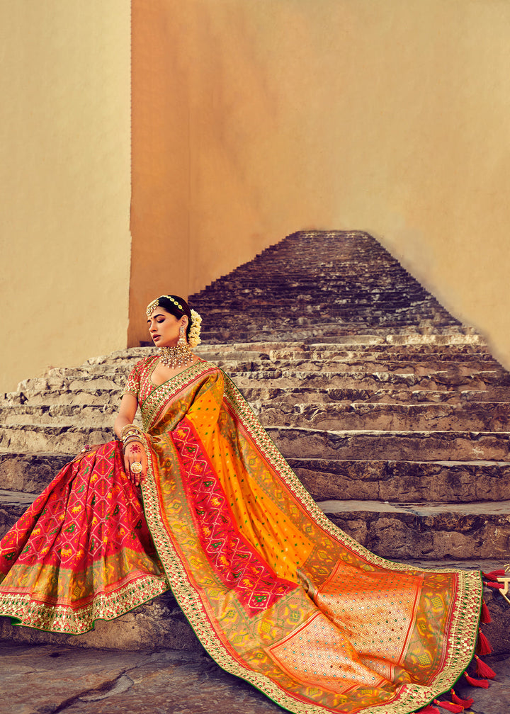 Yellow & Red Patan Patola Silk Saree with Mirror, Khatli & Cut-Dana work