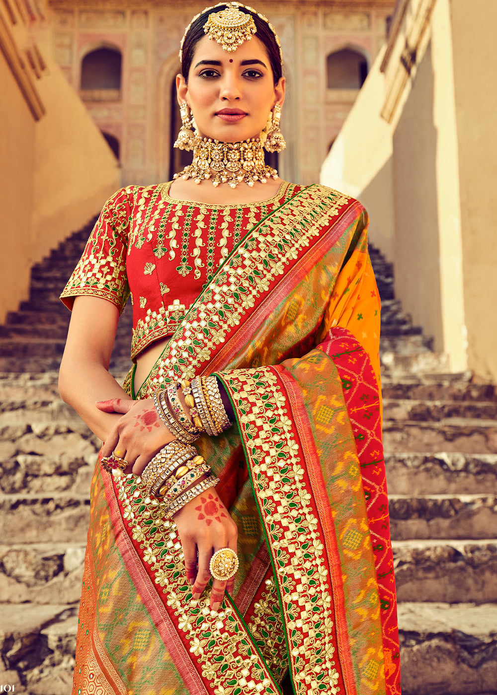 Yellow & Red Patan Patola Silk Saree with Mirror, Khatli & Cut-Dana work