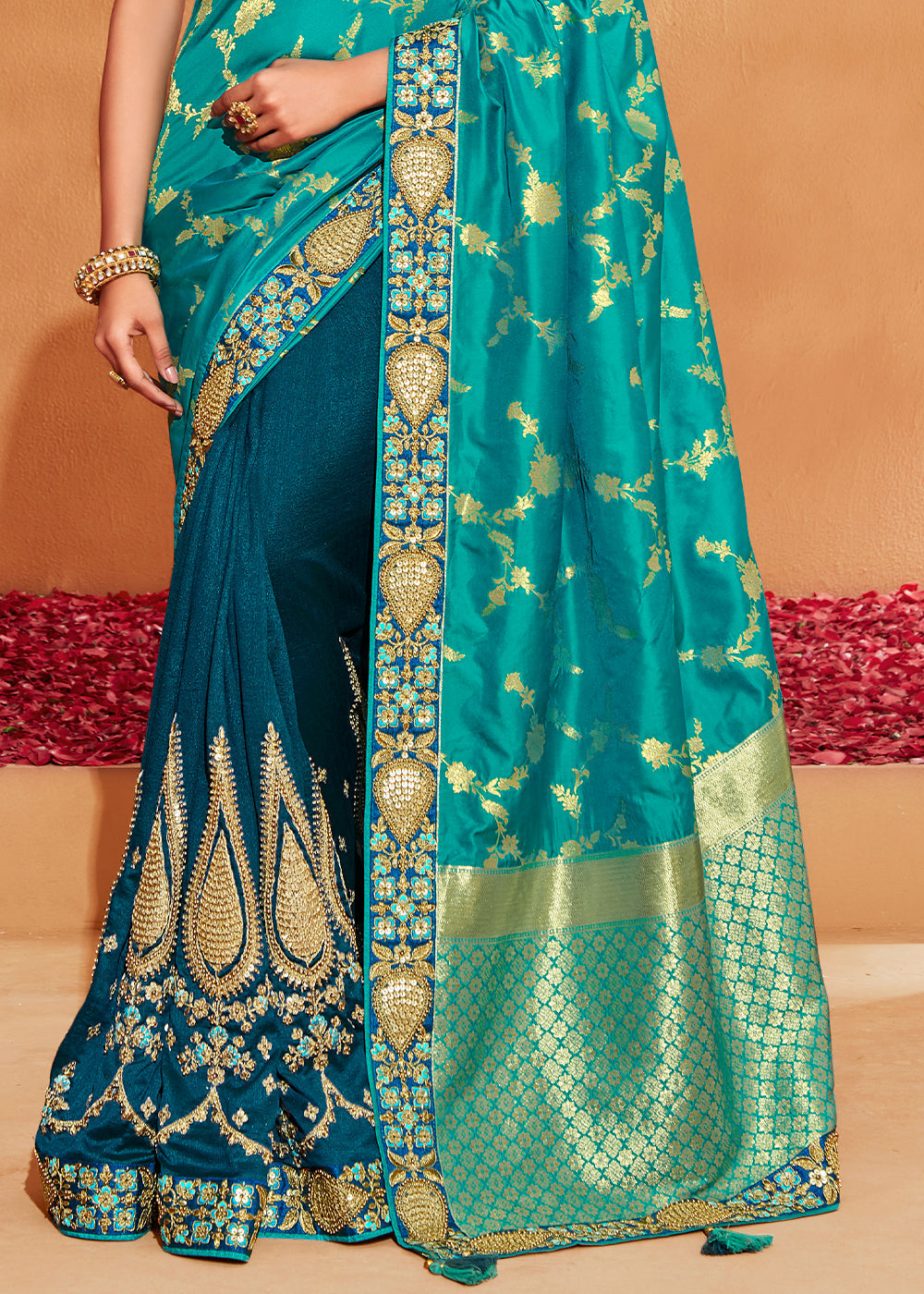 Shades Of Blue Heavy Embroidered Banarasi Silk Saree