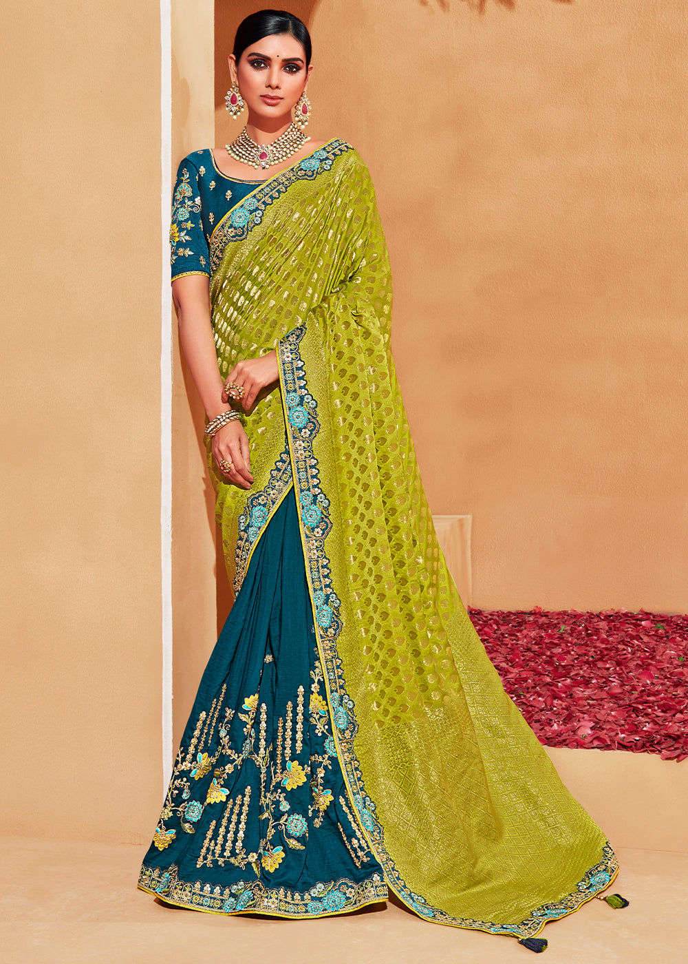 Green & Blue Half N Half Heavy Embroidered Banarasi Silk Saree