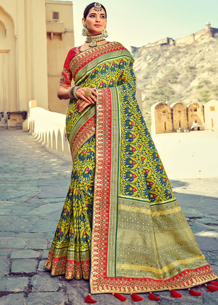 Yellow Green Patan Patola Silk Saree with Mirror, Khatli & Cut-Dana work