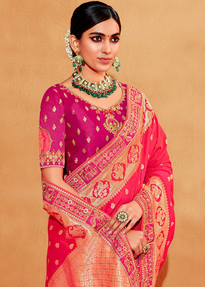 Shades Of Pink Heavy Embroidered Banarasi Silk Saree