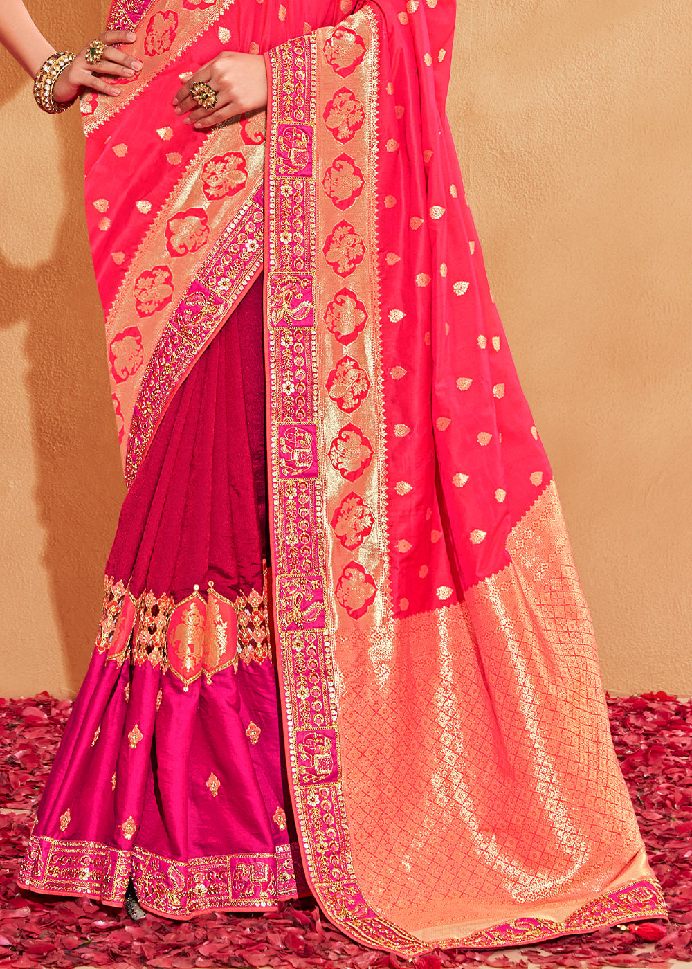 Shades Of Pink Heavy Embroidered Banarasi Silk Saree
