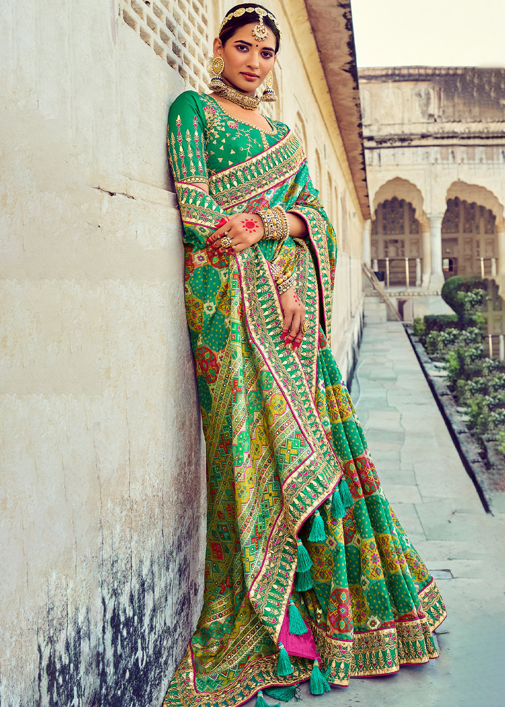 Shades Of Green Bandhej Patola Silk Saree with Mirror, Khatli & Cut-Dana work
