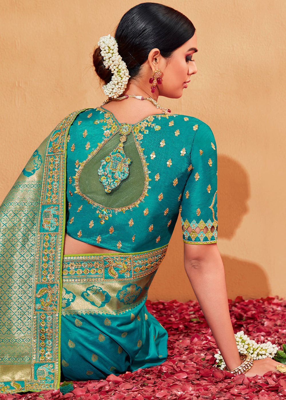 Green & Blue Half N Half  Heavy Embroidered Banarasi Silk Saree