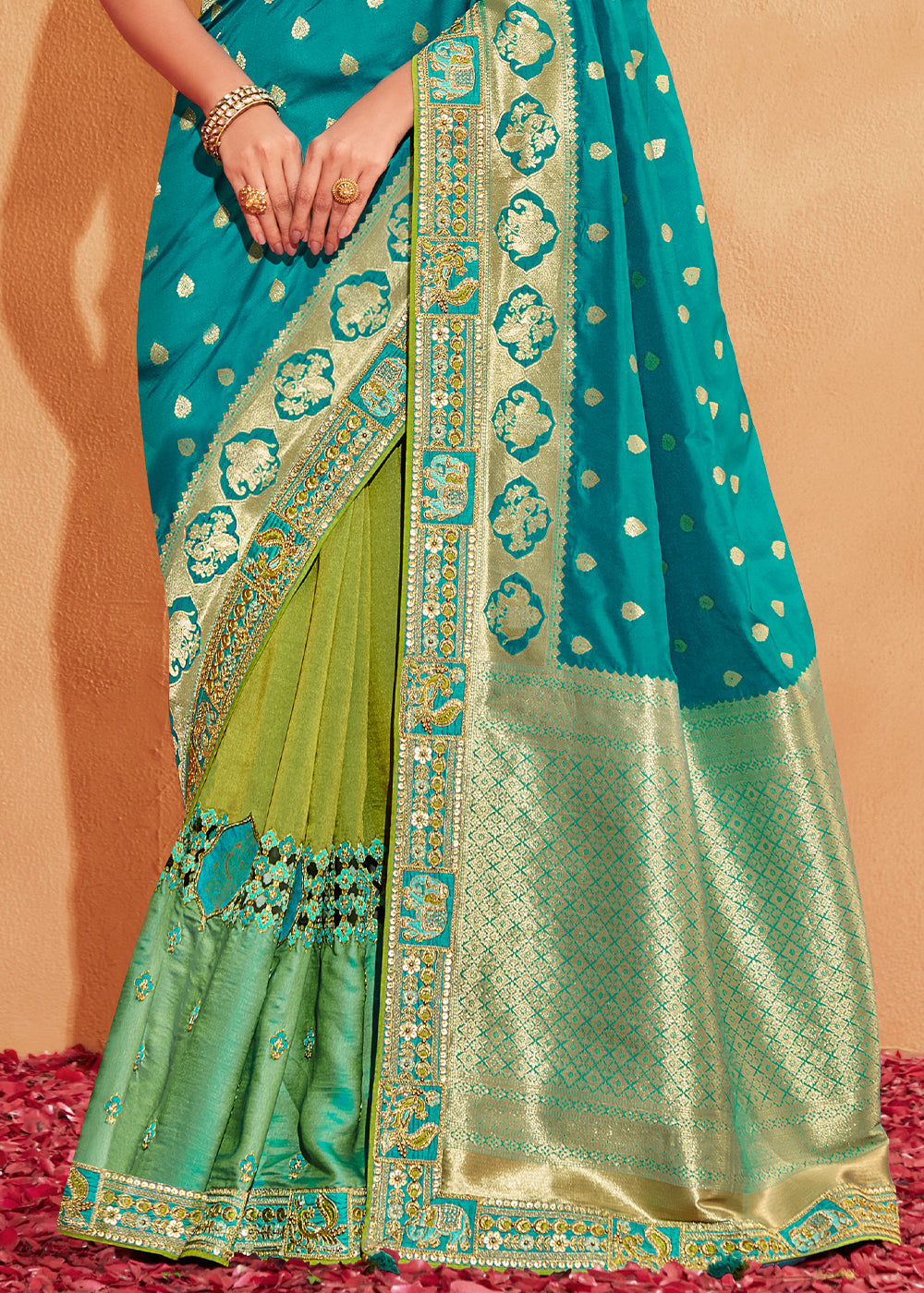 Green & Blue Half N Half  Heavy Embroidered Banarasi Silk Saree