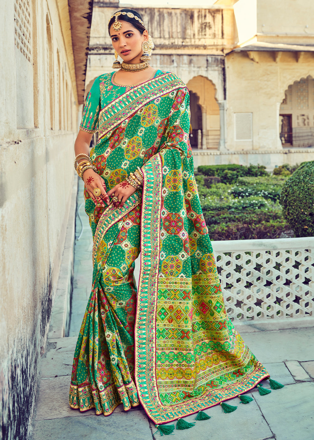 Shades Of Green Bandhej Patola Silk Saree with Mirror, Khatli & Cut-Dana work