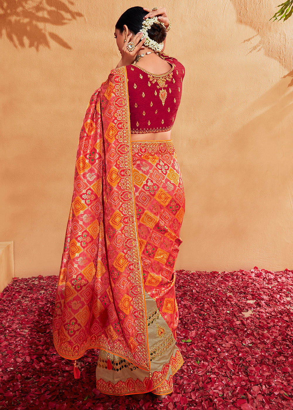 Brown & Red Half N Half Heavy Embroidered Banarasi Silk Saree