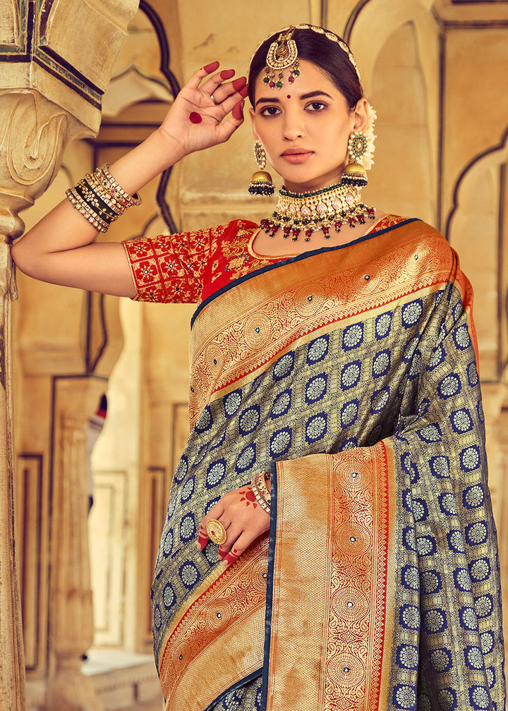 Grey & Blue Kanjivaram Silk Saree with Mirror, Khatli & Cut-Dana work