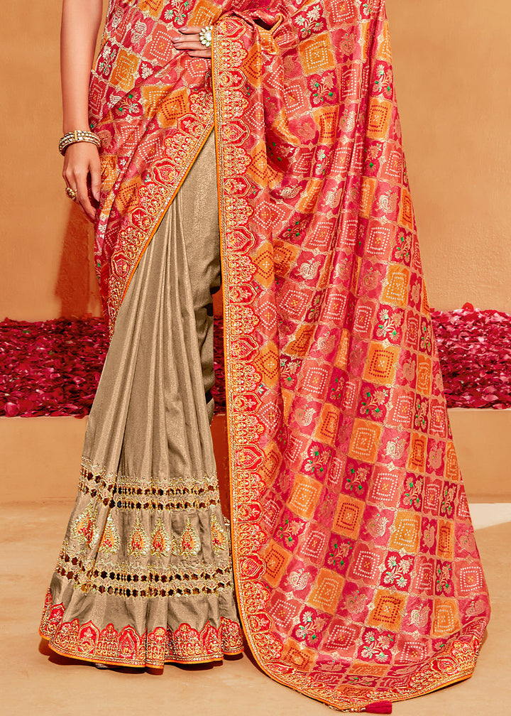 Brown & Red Half N Half Heavy Embroidered Banarasi Silk Saree