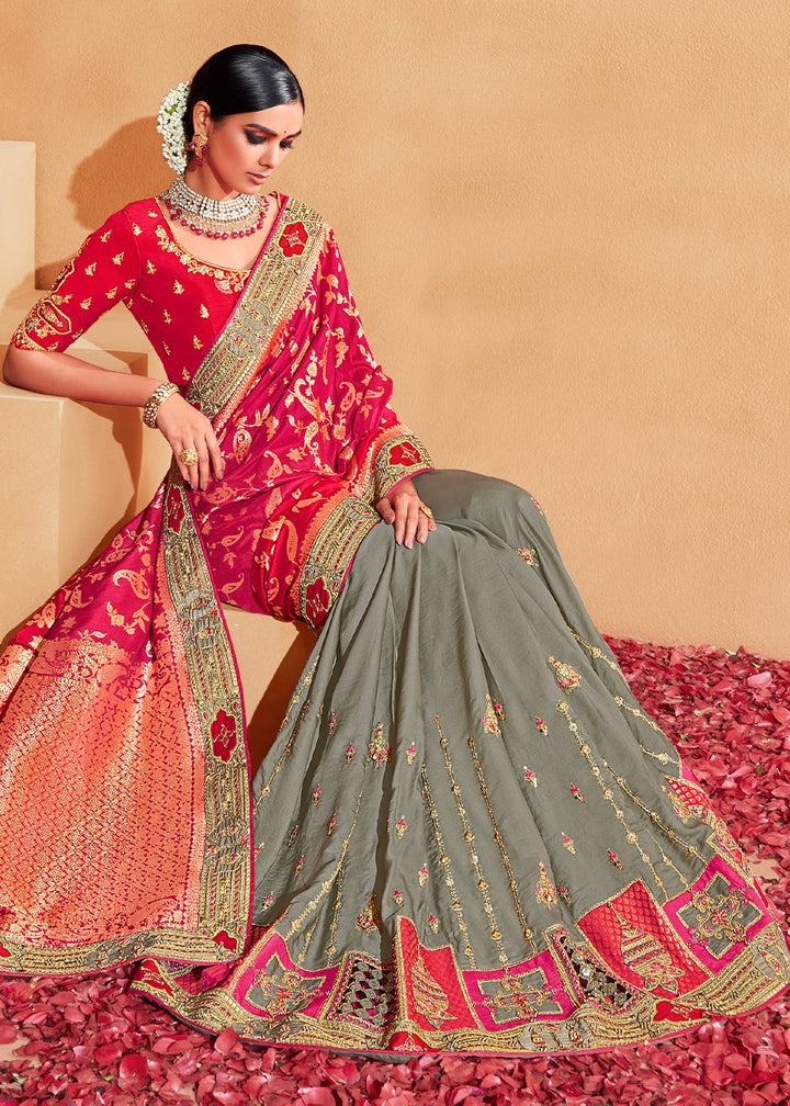 Grey & Pink Half N Half Heavy Embroidered Banarasi Silk Saree