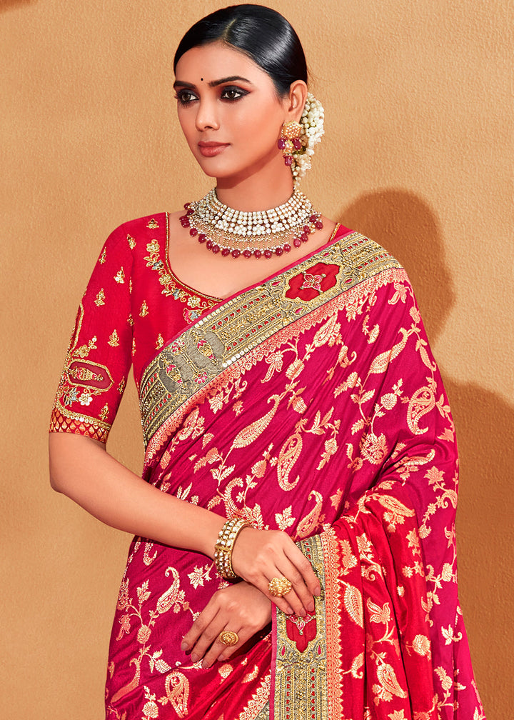 Grey & Pink Half N Half Heavy Embroidered Banarasi Silk Saree