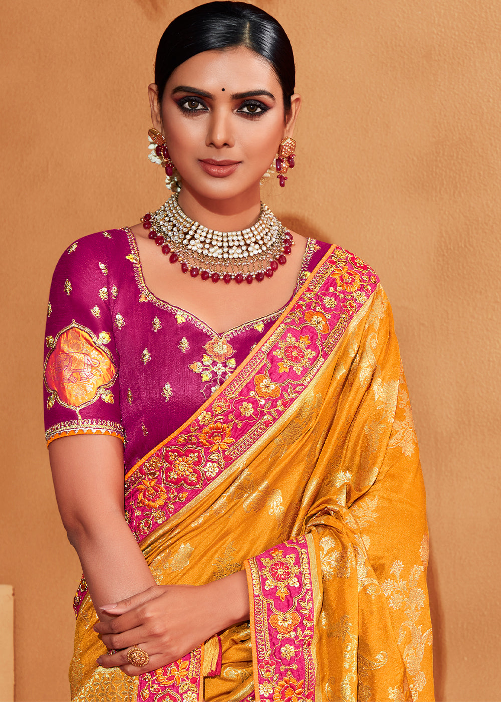 Pink & Yellow Half N Half Heavy Embroidered Banarasi Silk Saree