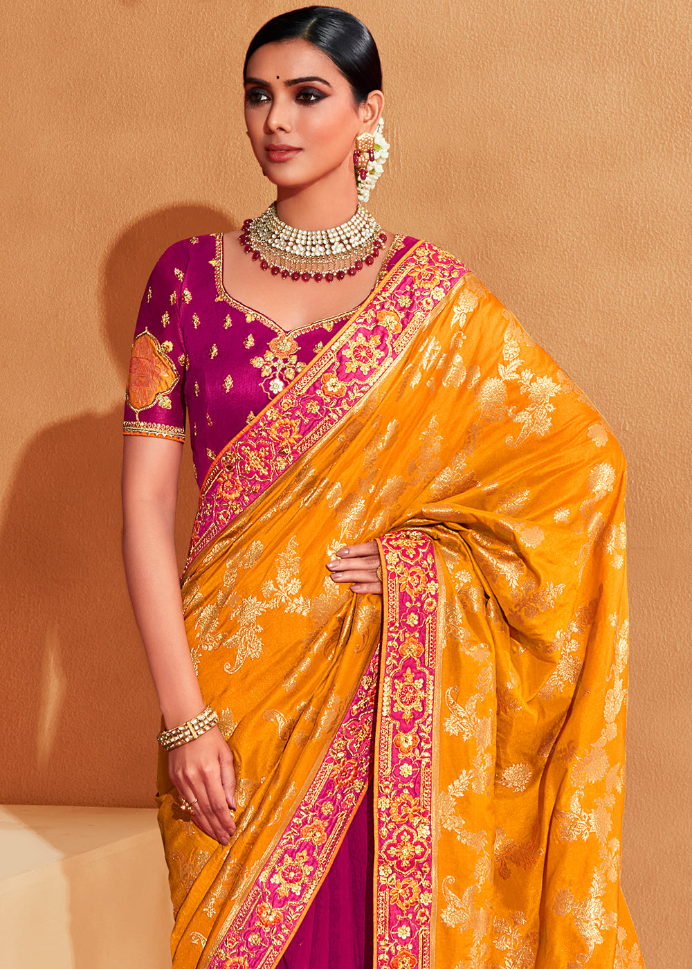 Pink & Yellow Half N Half Heavy Embroidered Banarasi Silk Saree