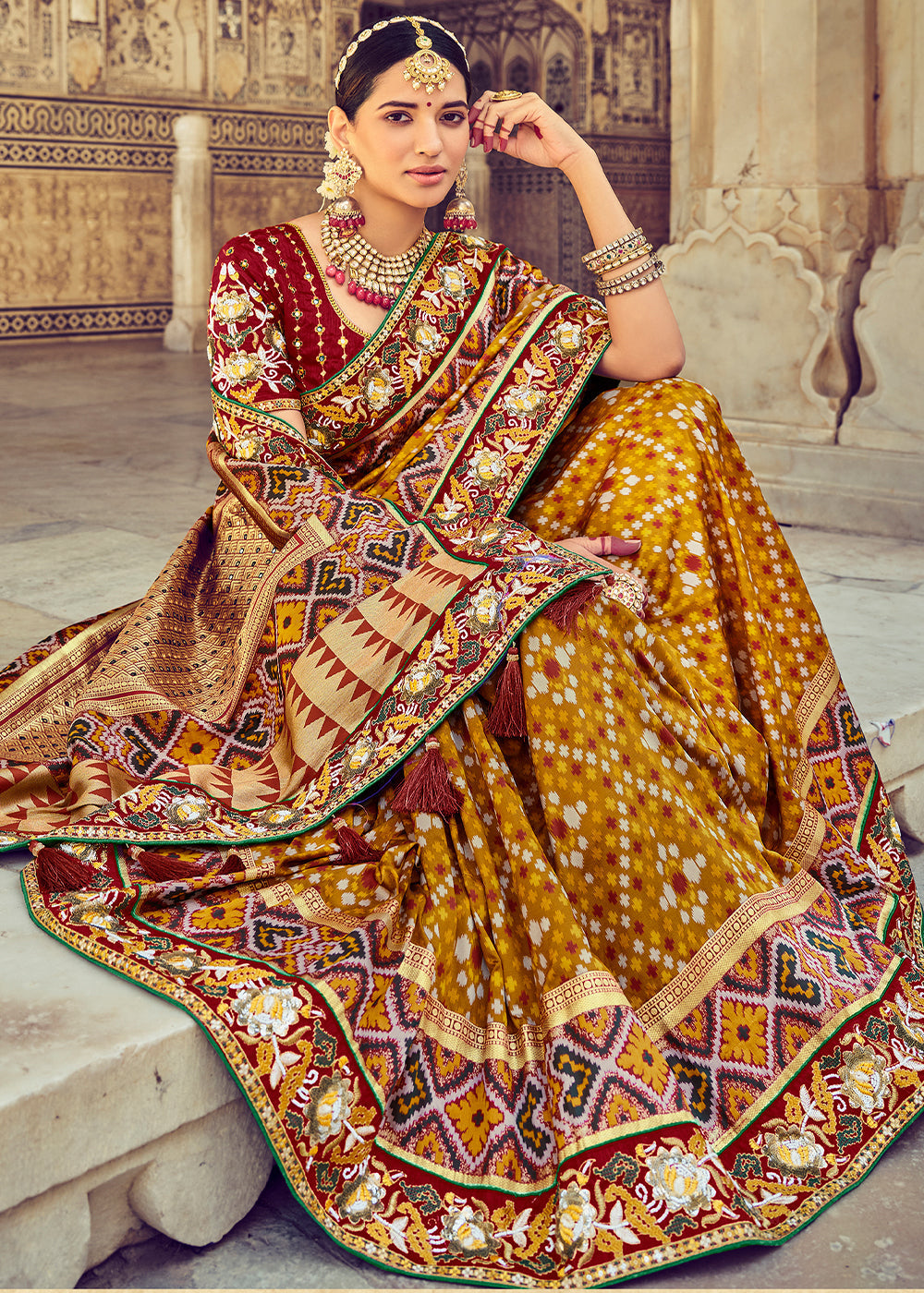 Mustard Yellow Bandhej Patola Silk Saree with Mirror, Khatli & Cut-Dana work