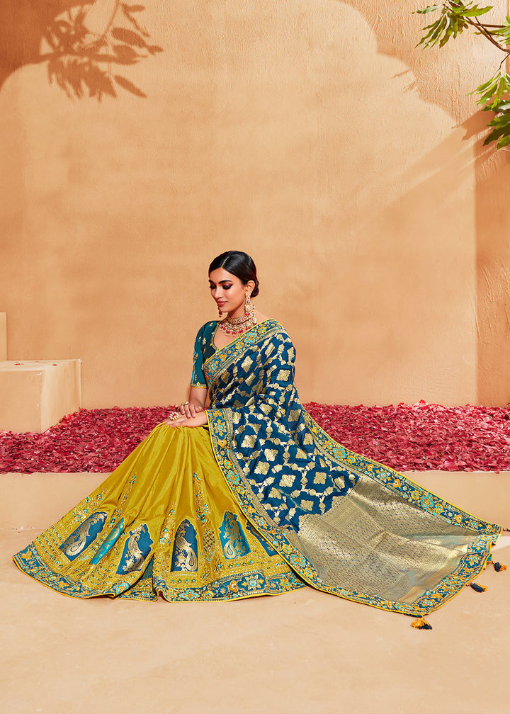Green & Blue Half N Half Heavy Embroidered Banarasi Silk Saree