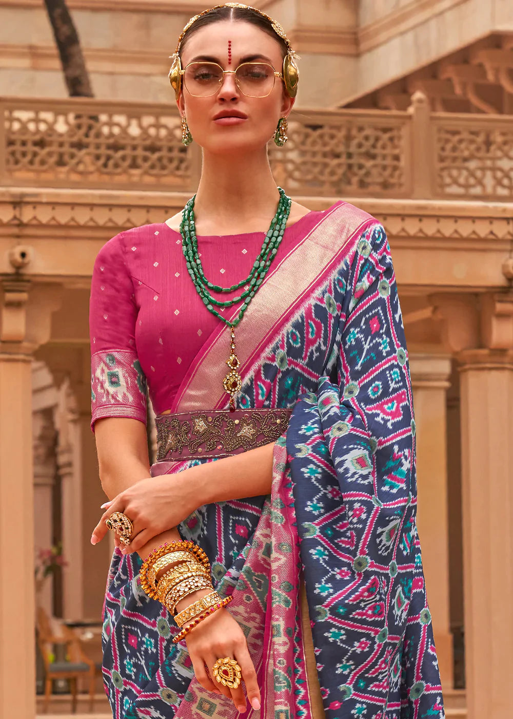 Blue & Pink Patola Printed Smooth Silk Saree