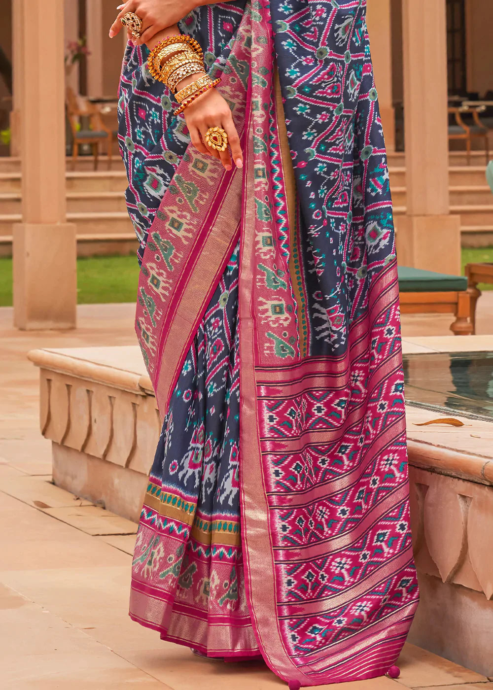 Blue & Pink Patola Printed Smooth Silk Saree