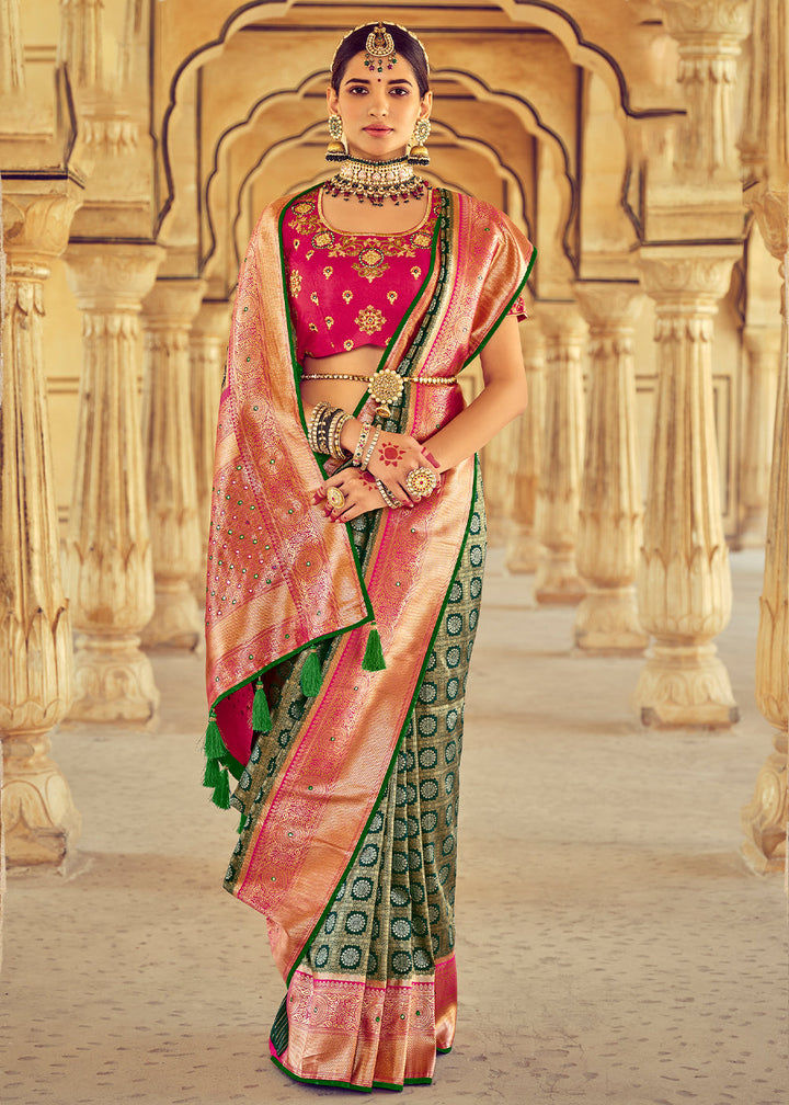 Green & Pink Kanjivaram Silk Saree with Mirror, Khatli & Cut-Dana work