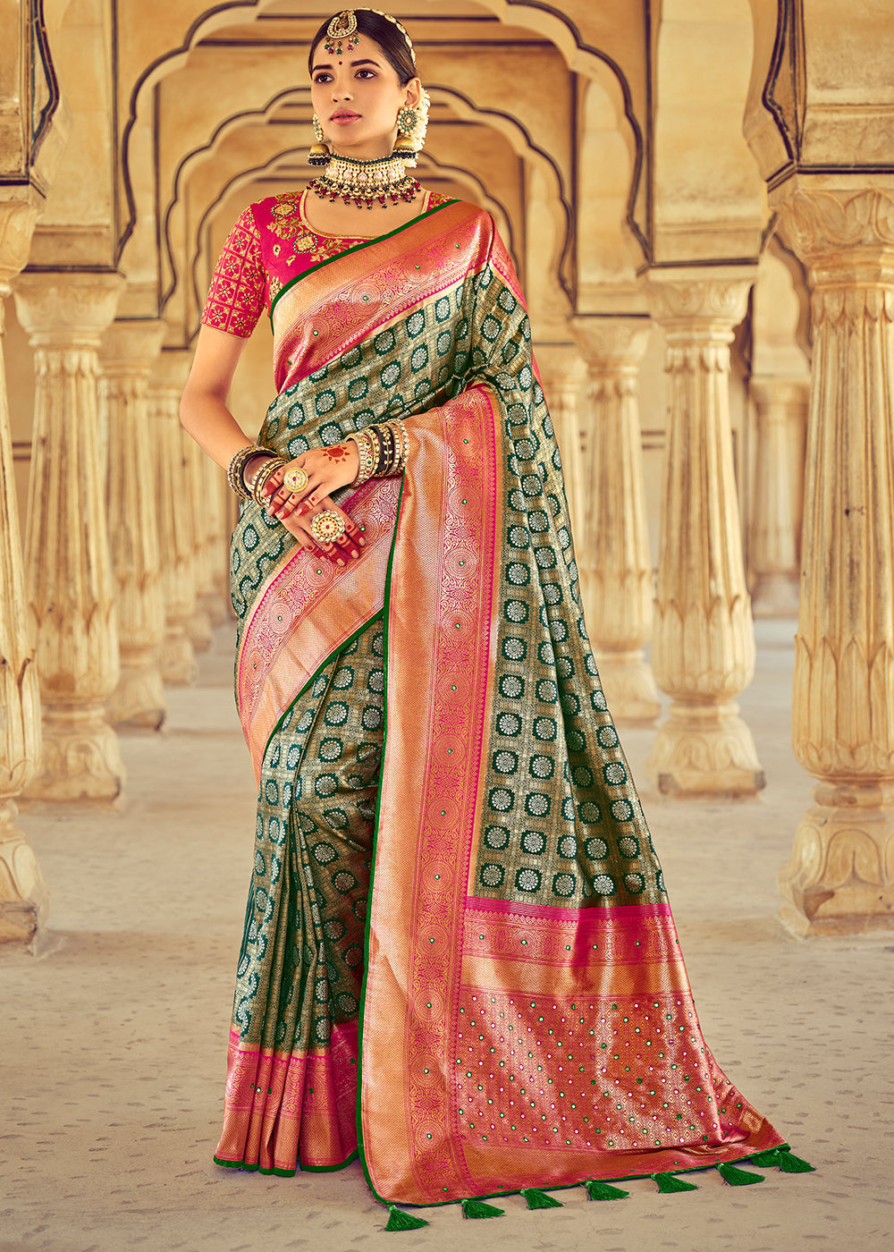 Green & Pink Kanjivaram Silk Saree with Mirror, Khatli & Cut-Dana work