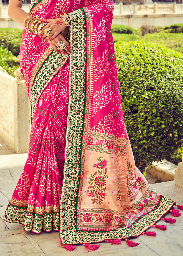 Hot Pink Bandhej Patola Silk Saree with Mirror, Khatli & Cut-Dana work