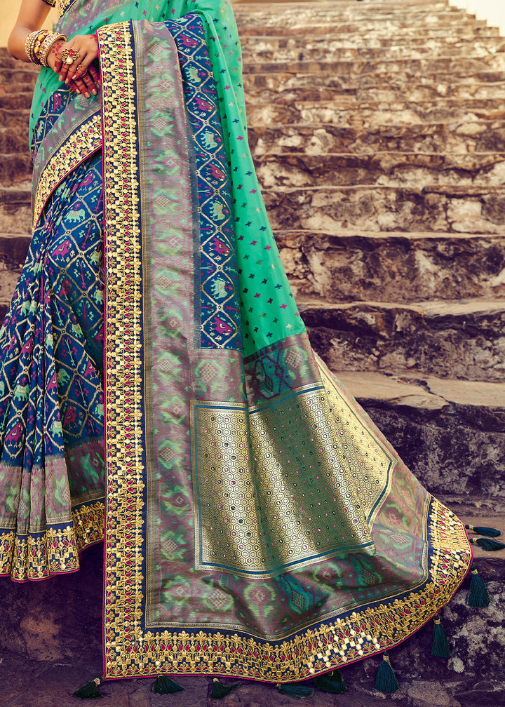 Shades Of Blue Patan Patola Silk Saree with Mirror, Khatli & Cut-Dana work